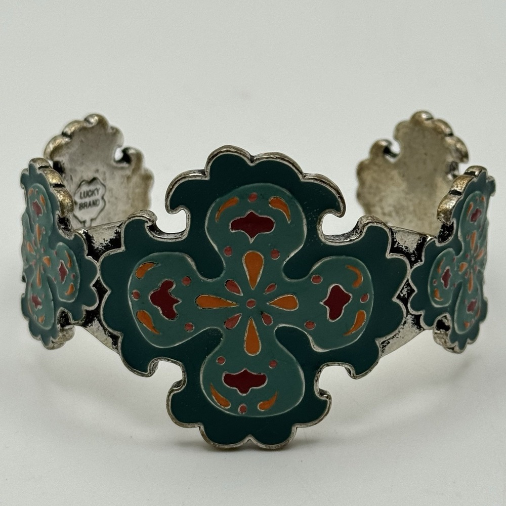 Lucky Brand Enamel Maltese Cross Cuff Bracelet Teal Silver Tone Boho Western - Picture 9 of 9